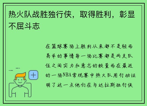 热火队战胜独行侠，取得胜利，彰显不屈斗志